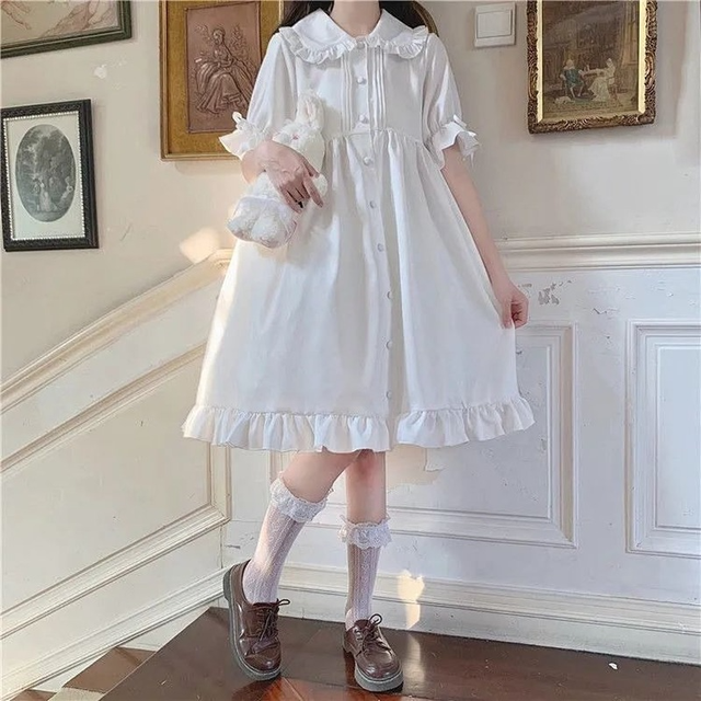Japońska sukienka Lolita białe 2021 lato Kawaii z bufiastymi rękawami - tanie ubrania i akcesoria