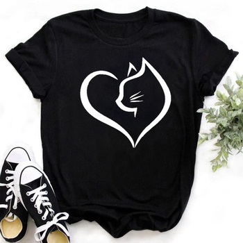 T-shirt damski z nadrukiem kotka i serca - krótki rękaw 