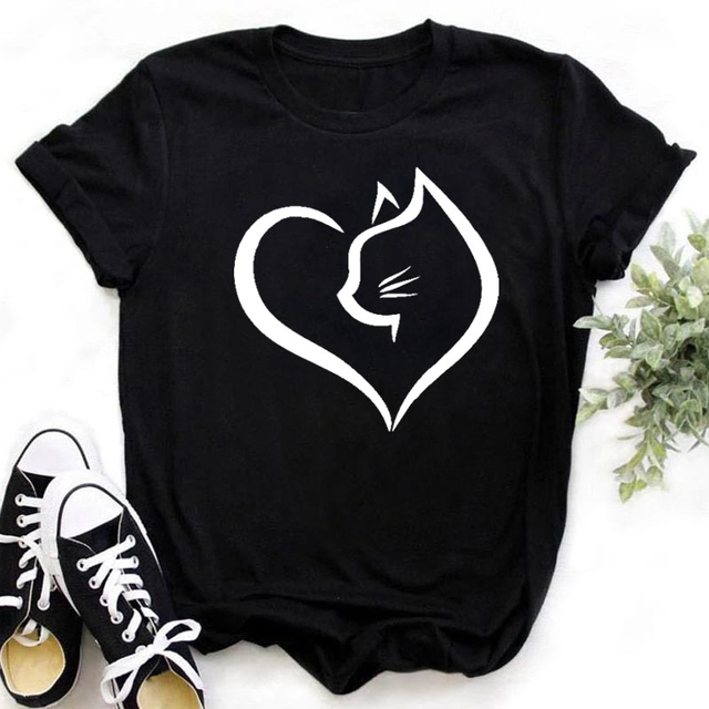 T-shirt damski z nadrukiem kotka i serca - krótki rękaw  - tanie ubrania i akcesoria