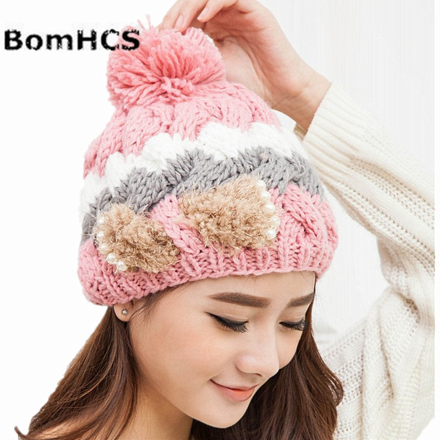 Czapka zimowa Handmade BomHCS dla kobiet - zagęszczony wzór szydełkowy, ciepła dzianina - tanie ubrania i akcesoria