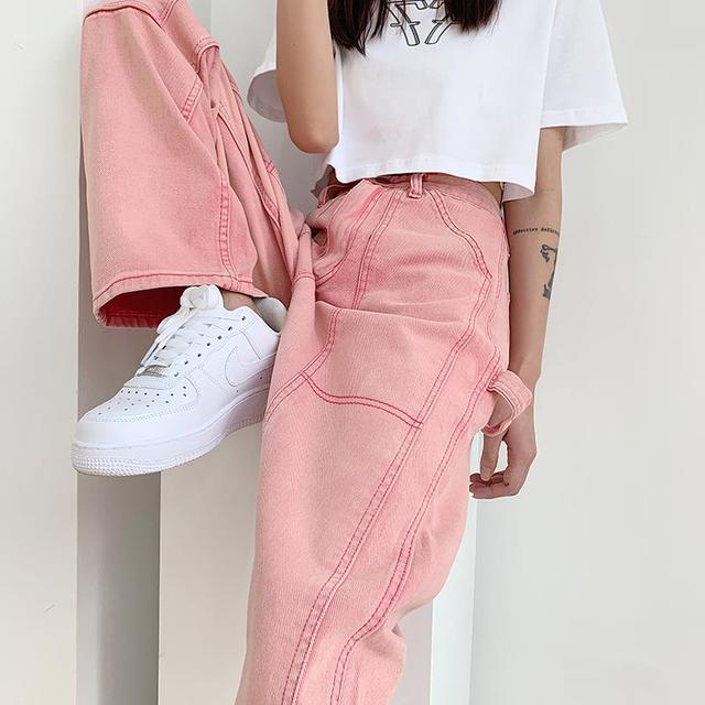 Różowe jeansy damskie z wysokim stanem w stylu Harajuku - luźne, proste spodnie inspirowane stylem retro z duchem koreańskiej mody streetwear - tanie ubrania i akcesoria