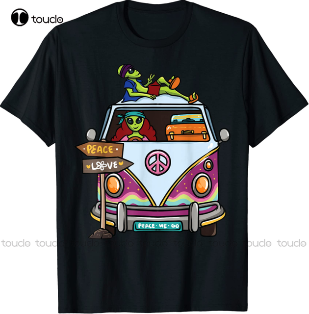 Nowy T-shirt męski Vintage Hippie Van z wzorem kwiatowego autobusu kosmicznego i znakiem pokoju 2021 - tanie ubrania i akcesoria