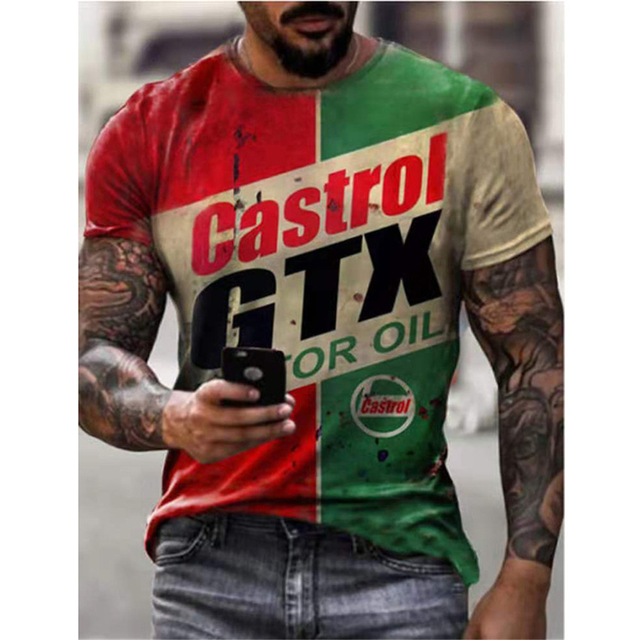 Koszulka męska Castrol w stylu retro z napisami, 3D drukowanie, krótki rękaw, okrągły dekolt, letnia moda uliczna - nowość T2021 - tanie ubrania i akcesoria
