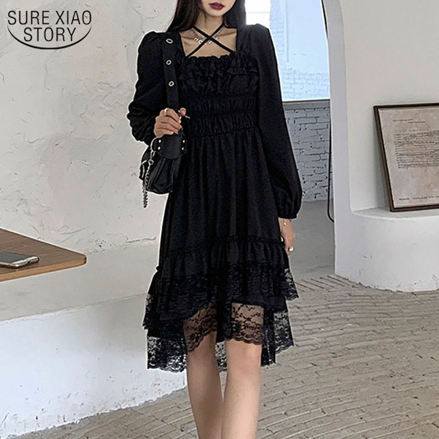 Sukienka Japan Style Kawaii z koronkowymi falbanami i bufiastymi rękawami – czarna - tanie ubrania i akcesoria