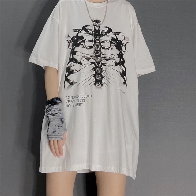 Koszulka damska z krótkim rękawem, wintage w za dużym rozmiarze ze szkieletem - tanie ubrania i akcesoria