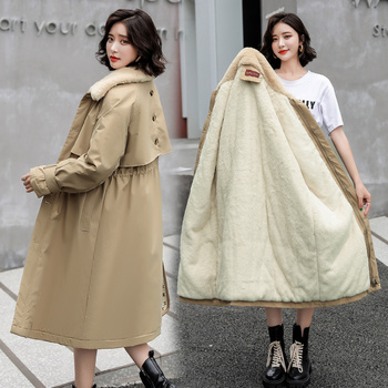 Nowy zimowy płaszcz koreański dla kobiet - średniej długości, luźny, zipper, zagęszczony pluszowy
