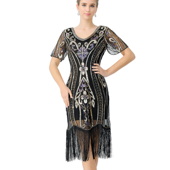 Sukienka wieczorowa midi w stylu retro z lat 20. z klapą zroszoną i frędzlami Gatsby Charleston