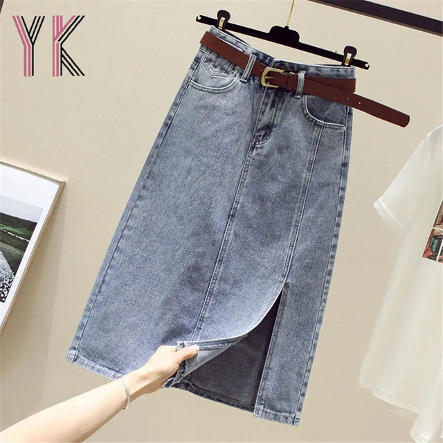 Spódnica dżinsowa z wysokim stanem i rozcięciami po bokach midi, koreański styl Harajuku, klasyczny fason dla kobiet, moda prosta i estetyczna Y2k Saia - tanie ubrania i akcesoria