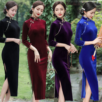 Elegancka sukienka na jesień i zimę Cheongsam Qipao dla kobiet - aksamitna, tradycyjna, z długim rękawem
