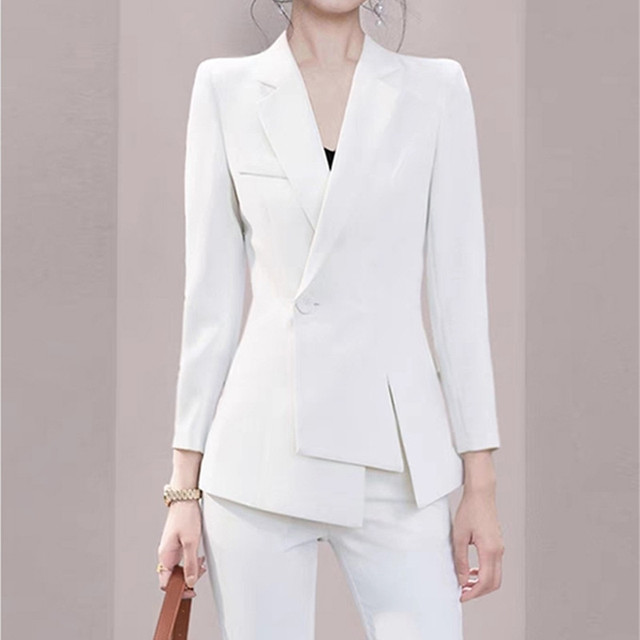 Eleganckie białe spodnie jesienno-zimowe w formalne jednolite wzory dla profesjonalnych kobiet (typu OL) - zestaw z marynarką (kategoria: Spodnie) - tanie ubrania i akcesoria