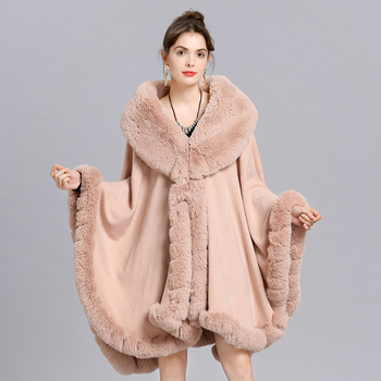Luźny szal damski z imitacji kaszmiru z kołnierzem ze sztucznego futra lisa - moda zimowa, ciepła, elegancka i ponadgabarytowa