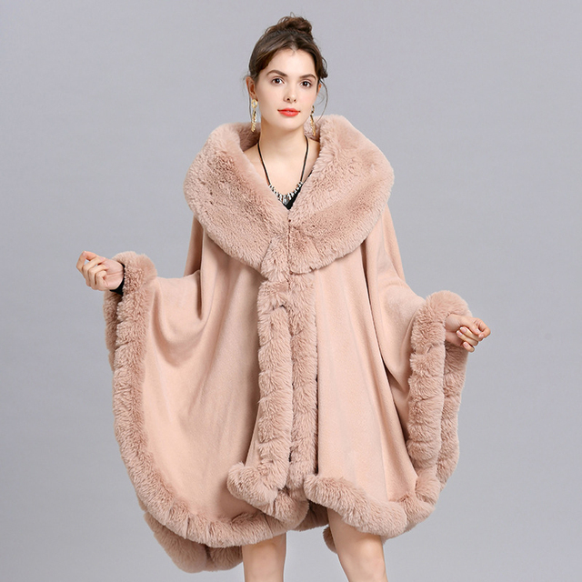 Luźny szal damski z imitacji kaszmiru z kołnierzem ze sztucznego futra lisa - moda zimowa, ciepła, elegancka i ponadgabarytowa - tanie ubrania i akcesoria