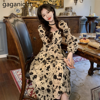 Sukienka Gaganight Women Retro z kwadratowym kołnierzykiem i wzorem kwiatowym, styl francuski 2021