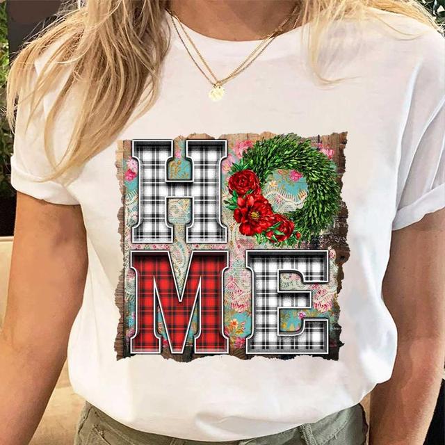 Koszulka damska Plaid Letter Holiday - boże narodzenie nowy rok T-shirt z grafiką Cartoon - moda damską - tanie ubrania i akcesoria