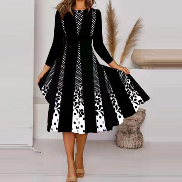 Elegancka sukienka Vintage dla kobiet ze znanym nadrukiem czarno-białym, V Neck, długimi rękawami i Slim Party Dress (sukienka wieczorowa) 3/4 rękawem na jesień - tanie ubrania i akcesoria