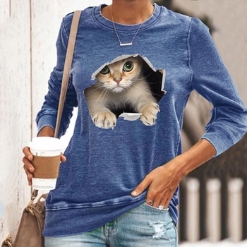Koszulka damska z długim rękawem, wzór kot w 3D, okrągły dekolt