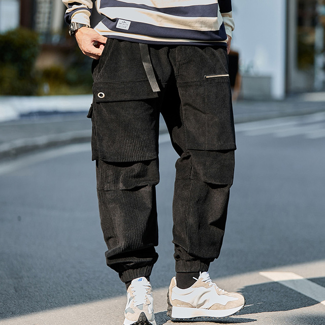 Męskie spodnie sztruksowe zimowe czarne Plus Size - uliczne i ciepłe spodnie do biegania - tanie ubrania i akcesoria