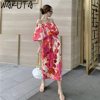 Midi Sukienka Kwiatowy Print Wakuta Damska Letnia Plażowa sukienka z dekoltem na plecach i bufiastym krótkim rękawem Vestidos Femme