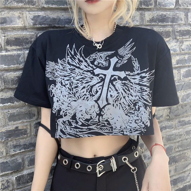 Koszulka damska w gotyckim stylu, ulzzang, krótki rękaw, letnia, top z grafiką Harajuku, album y2k - tanie ubrania i akcesoria