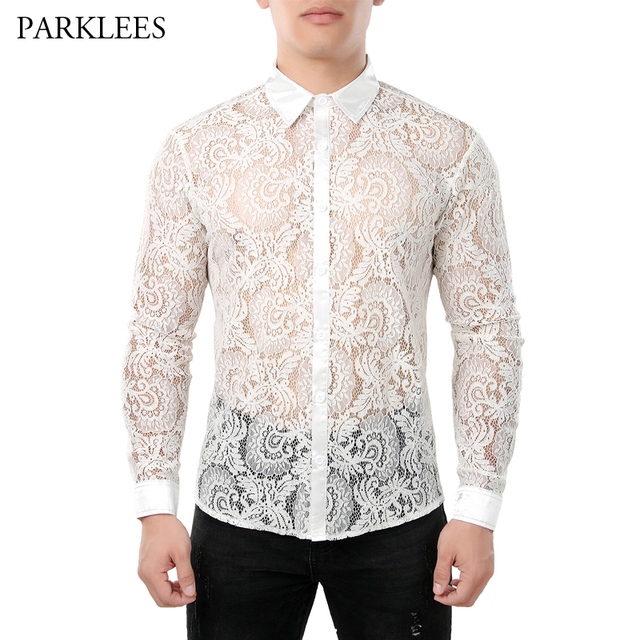 Nowa biała koronkowa koszula męska z kwiatowym motywem - tanie ubrania i akcesoria