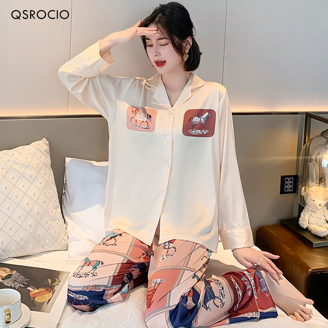 Nowa damska piżama QSROCIO w stylu klasycznym z luksusowym materiałem podobnym do jedwabiu - zestaw bielizny nocnej i stroju domowego Femme - tanie ubrania i akcesoria