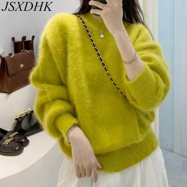 Wysokiej jakości moherowy pulower damska z długim rękawem z norek i kaszmiru (Kolorowy) - tanie ubrania i akcesoria