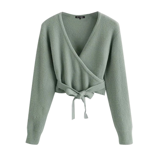 Kobiety 2021 - Moda Sweter z kokardą, Wiązanie, Przycięty, Vintage V Neck, Długi rękaw, Damska Odzież Wierzchnia - tanie ubrania i akcesoria