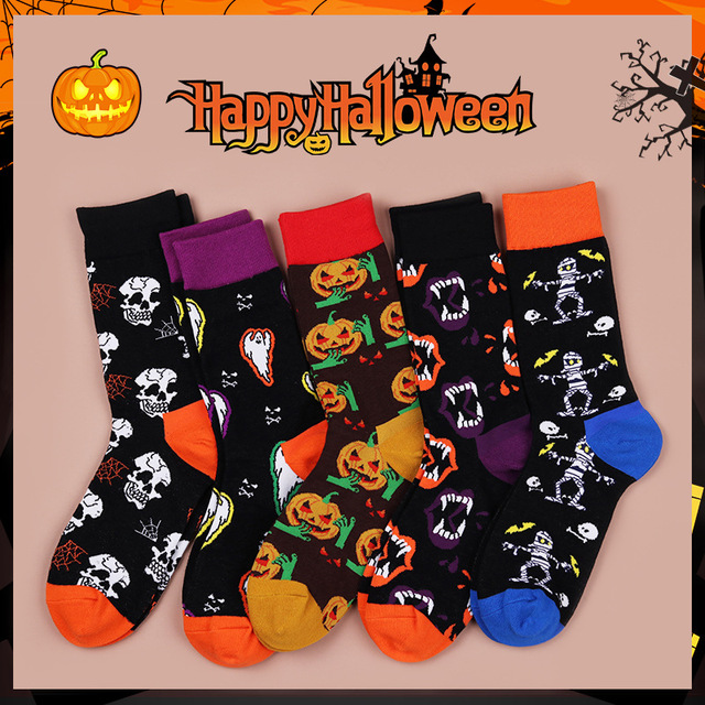 Happy Funny Halloween - 5 par skarpetek męskich w paczce, wzór: szkielet, dynia, bat, czaszka, bawełna, casual, street trend - tanie ubrania i akcesoria