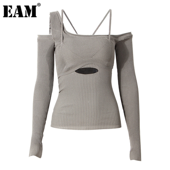 Pulower damski EAM Hollow Out - sweter w kolorze szarym, o luźnym kroju, głębokim dekolcie oraz długim rękawem - moda jesień/zima 2021 (1DD2267)