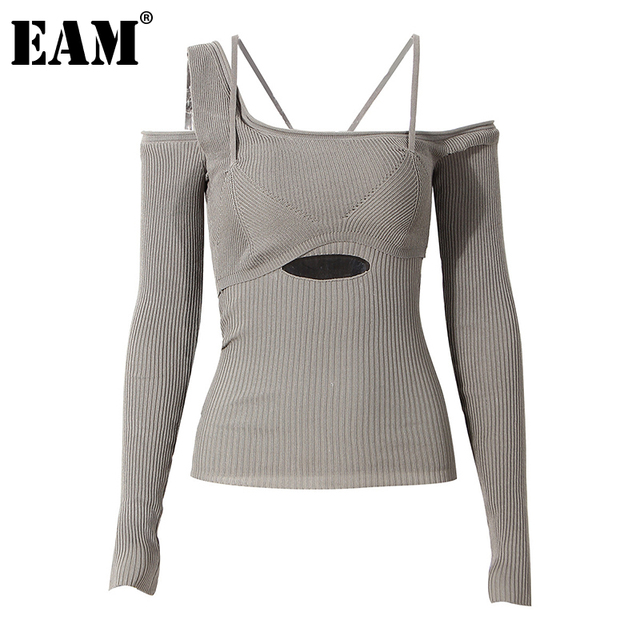 Pulower damski EAM Hollow Out - sweter w kolorze szarym, o luźnym kroju, głębokim dekolcie oraz długim rękawem - moda jesień/zima 2021 (1DD2267) - tanie ubrania i akcesoria