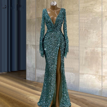 Suknia wieczorowa zielona brokatowa z głębokim dekoltem typu V, długimi rękawami i cekinowymi aplikacjami - impreza, piętro długość, bal maturalny