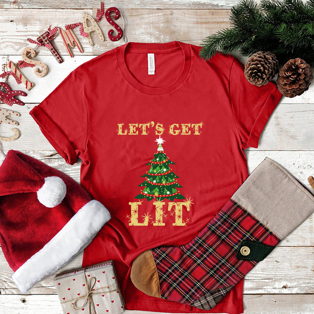 Humorystyczna koszulka świąteczna z oświetlonym wzorem choinki - Prezent świąteczny Kawaii Santa na topie! (Koszulki damskie) - tanie ubrania i akcesoria