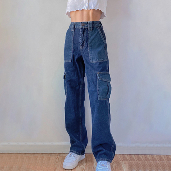 Wiosenne spodnie dżinsowe kobiece JMPRS o wysokim staniku - casualowy styl Preppy z workowatymi kieszeniami, niebieski dżins patchworkowy Streetwear 2021