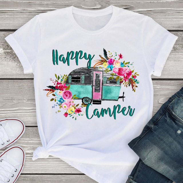 Damska koszulka Vintage Camper z krótkim rękawem w stylu retro dla letnich wakacji - tanie ubrania i akcesoria