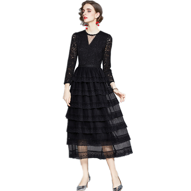 Koronkowa czarna sukienka LUKAXSIKAX 2020 - długa, szczupła, wysokiej jakości - tanie ubrania i akcesoria
