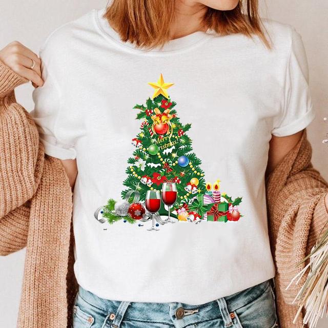 Koszulka damska z nadrukiem drzewa prezentowego i winem - świąteczny motyw 90s Cartoon - tanie ubrania i akcesoria