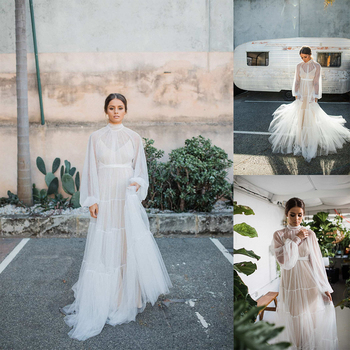 Biała nocna szata tiulowa z warstwowym zdobieniem, długość maxi - sukienka inspirowana przez celebrytów