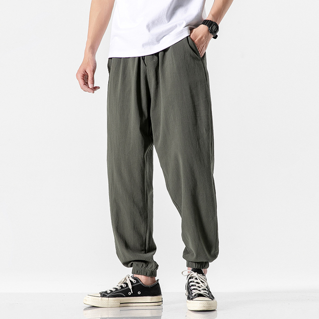 Męskie spodnie casual Harem z bawełniano-lnianego materiału 2021 - Jednolity kolor - tanie ubrania i akcesoria