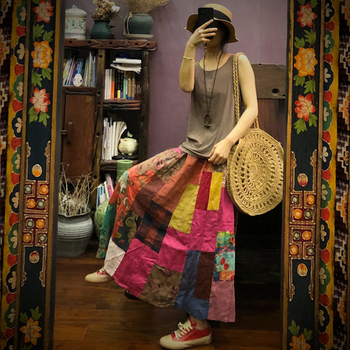 Johnature plisowana spódnica damska w stylu vintage - Patchwork bawełniana pościel - kolor: nowa wiosna, prosta, do kostek