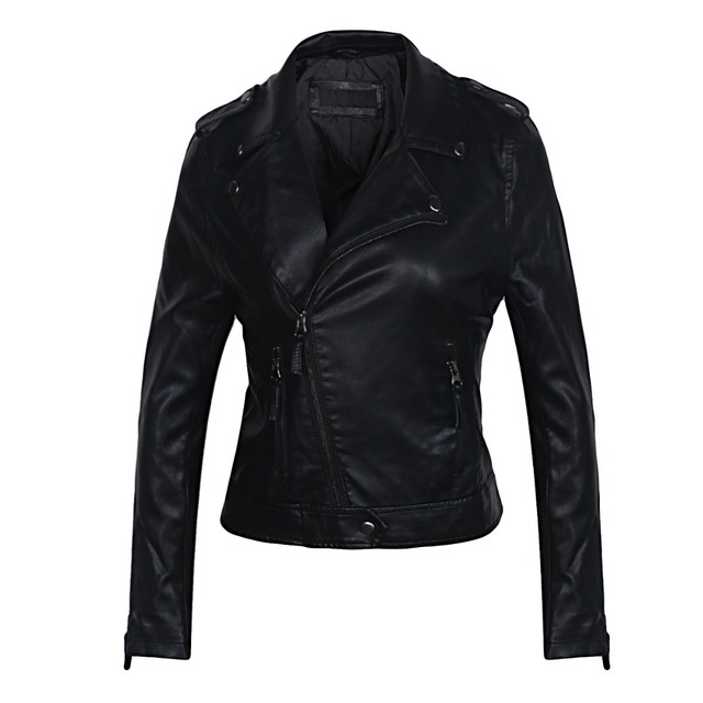 Eleganckie skórzane kurtki motocyklowe dla kobiet z kołnierzem typu skręcić w dół, kolor czarny PU, bezwzorowe, dostępne w różnych rozmiarach - tanie ubrania i akcesoria