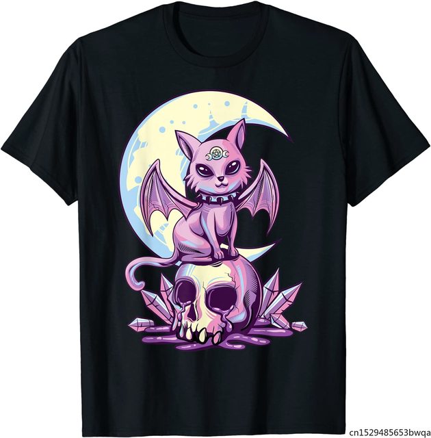 Koszulka męska z motywem Pastelowy Goth Wiccan Cat w stylu przerażających wiedźminów i czaszką - tanie ubrania i akcesoria