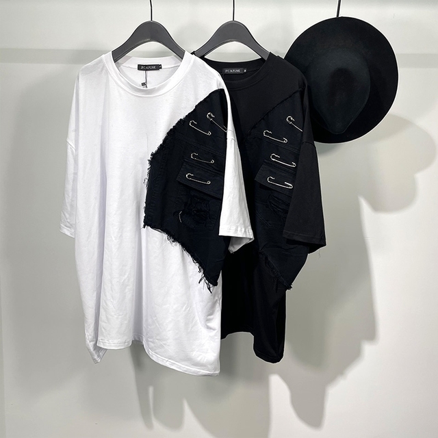 Męska koszulka z krótkim rękawem, czarny Pin, stonowany kolor, stylowy, łączone materiały - tanie ubrania i akcesoria
