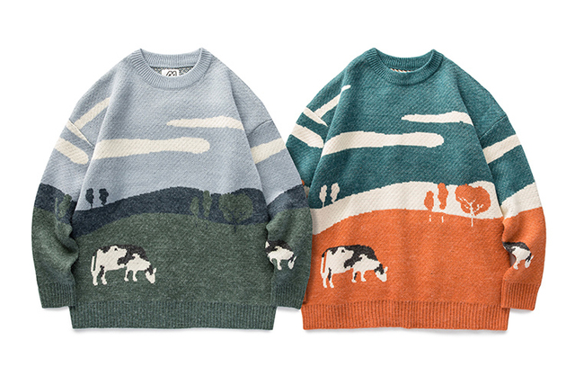 Koreańskie swetry męskie Vintage zimowe 2021 O-Neck Harajuku - tanie ubrania i akcesoria