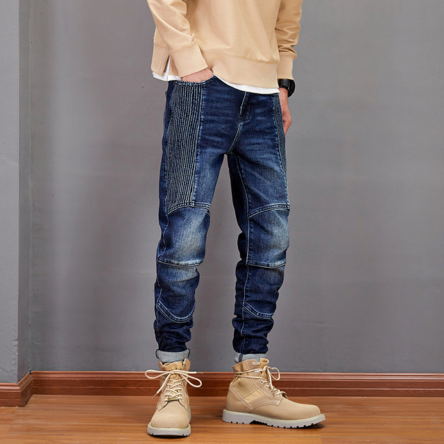 Nowoczesne męskie dżinsy Retro Slim Fit elastyczne złączone projektant jeansy dla motocyklistów Hip Hop Denim punkowe spodnie Homme - tanie ubrania i akcesoria