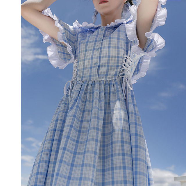 Słodka niebieska sukienka w kratę Bella 2021 Kawaii z łukiem, rozkloszowanym rękawem i marynarskim kołnierzykiem - tanie ubrania i akcesoria