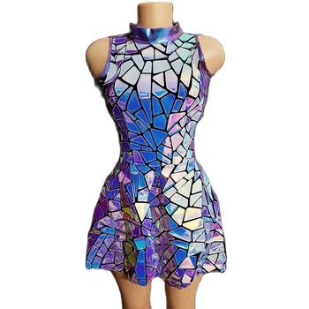 Sukienka klubowa z laserowym lustrem bez rękawów - błyszczący strój na wieczór, DJ, GoGo, tancerka, piosenkarka
