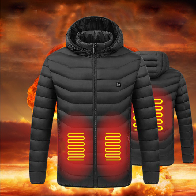 Męska kurtka zimowa USB z podgrzewaniem, inteligentna regulacja temperatury, parka outdoorowa, jednokolorowa z kapturem - tanie ubrania i akcesoria