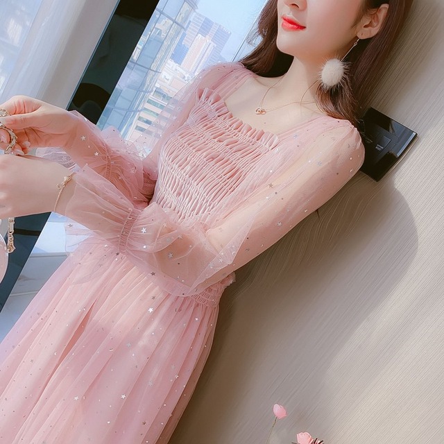 Sukienka damskia wiosna Mesh koronkowe cekinowe o średniej długości z kwadratowym kołnierzykiem, koreański styl, wysoka talia, pełne rękawy, Vintage, nowy 2021 - tanie ubrania i akcesoria