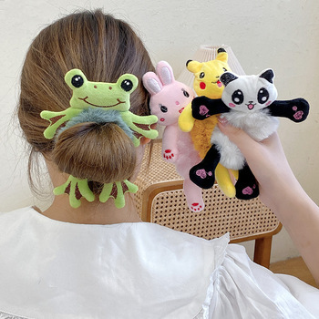 Nowy pluszowy niedźwiedź żaba gumka do włosów dla dziewczynki - różowa elastyczna ozdoba z pomponami do włosów w stylu dziewczęcym z pasem na koński ogon