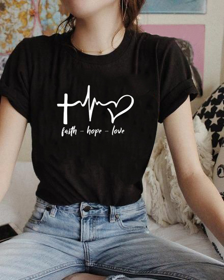 Koszulka Christian Tshirt - Wiara, Nadzieja, Miłość - Modna koszulka damska - Grafika z napisem - Inspirujący slogan - tanie ubrania i akcesoria